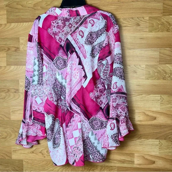 Blue Diamond XL Sheer Surplice Peplum Style Top with Bell Sleeves Pink &… - Picture 2 of 9